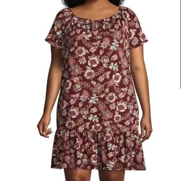 Lands End Dress Size 2X (20W-22W) Burgundy Rustic Cotton Off Shoulder Ruffle - Picture 1 of 13